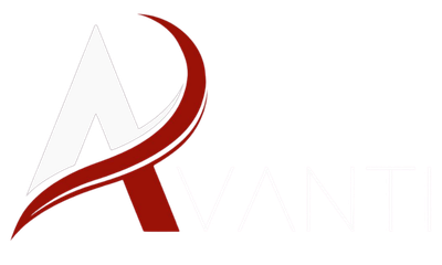 Logotipo da Avanti Comercial apresentando um símbolo em formato de "A" estilizado em vermelho e a tipografia da marca em branco.