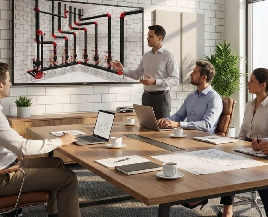 Especialista realizando apresentação técnica de um projeto de tubulação de combate a incêndio em uma tela para uma equipe em reunião.