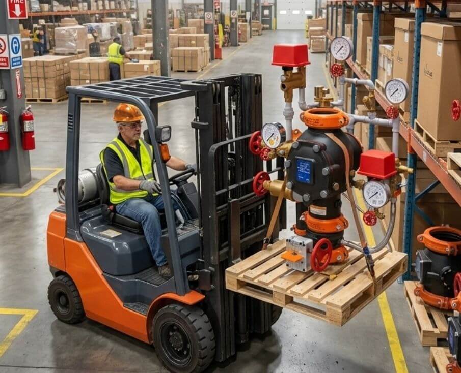 Operador de empilhadeira transportando um conjunto de válvula de governo e alarme (VGA) Victaulic em um armazém logístico.
