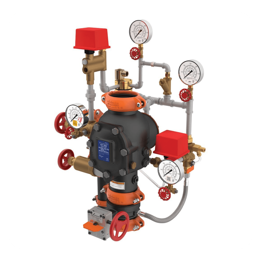 Conjunto de válvula de governo e alarme (VGA) Victaulic com manômetros e tubulações de controle.